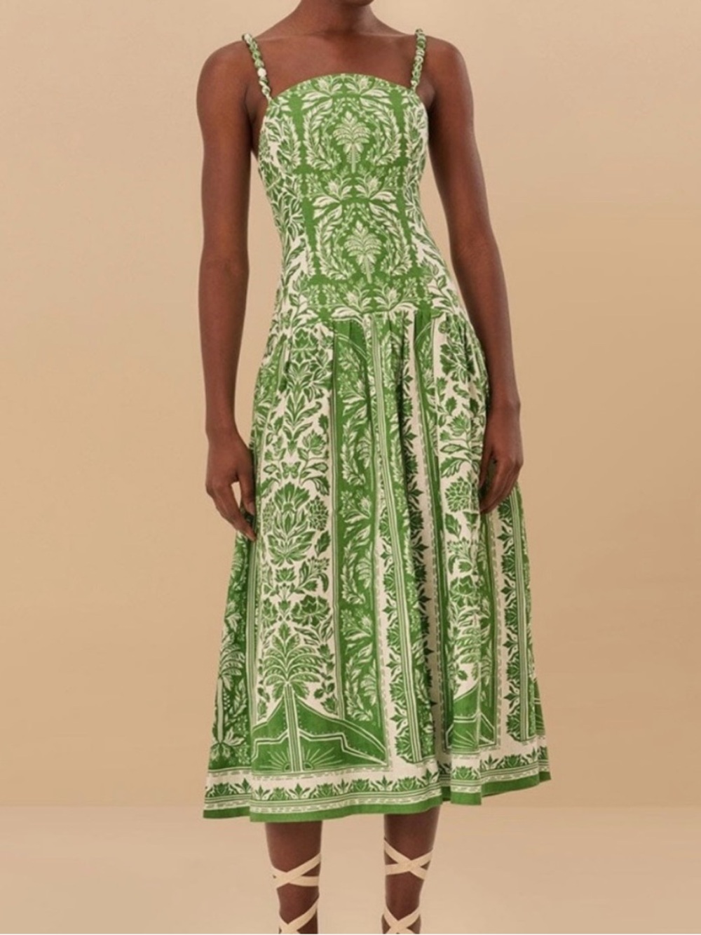 FARM Rio Green and White Printed Midi Dress